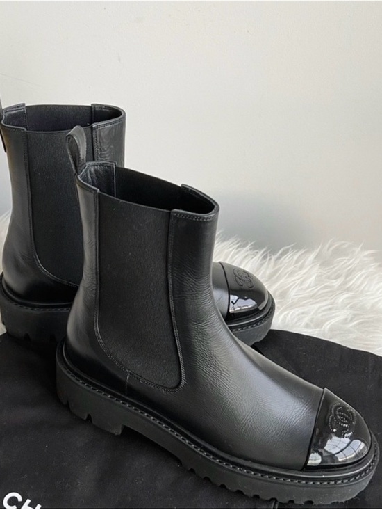 CHANEL Shoes - CHANEL Black Patent Logo Cap Toe Boot
